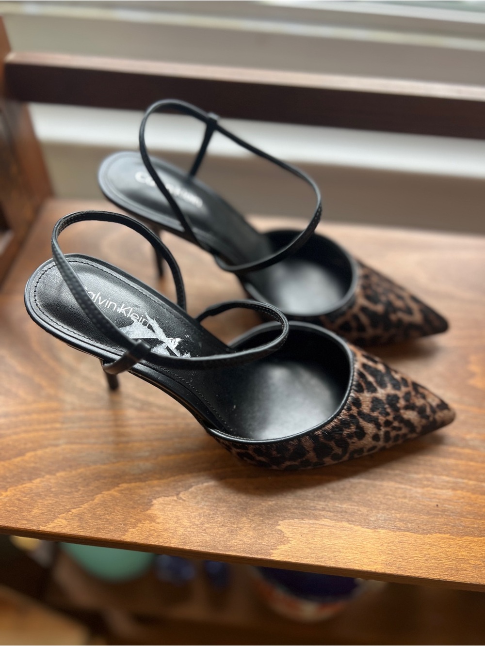Calvin Klein Black Leopard Pointed-Toe Slingback Heels